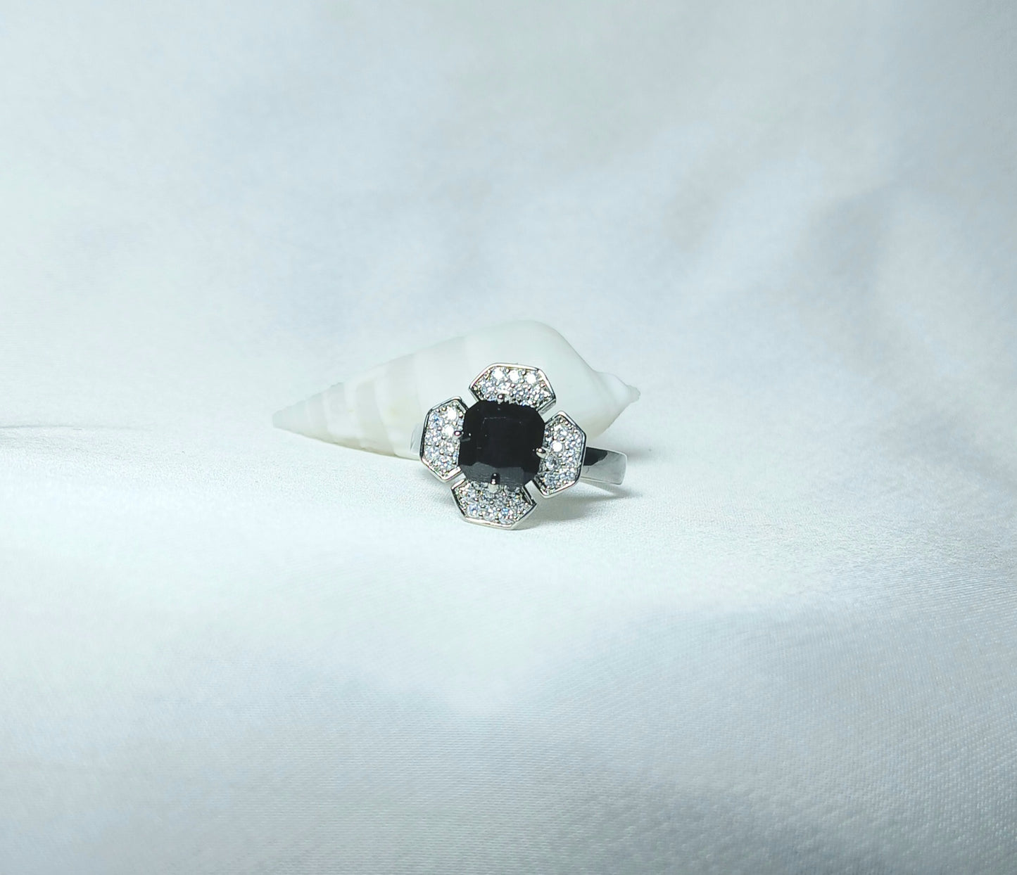 Four Leaf Flower Silver Rings with Square Colored Stones in Adjustable Size - Essentique