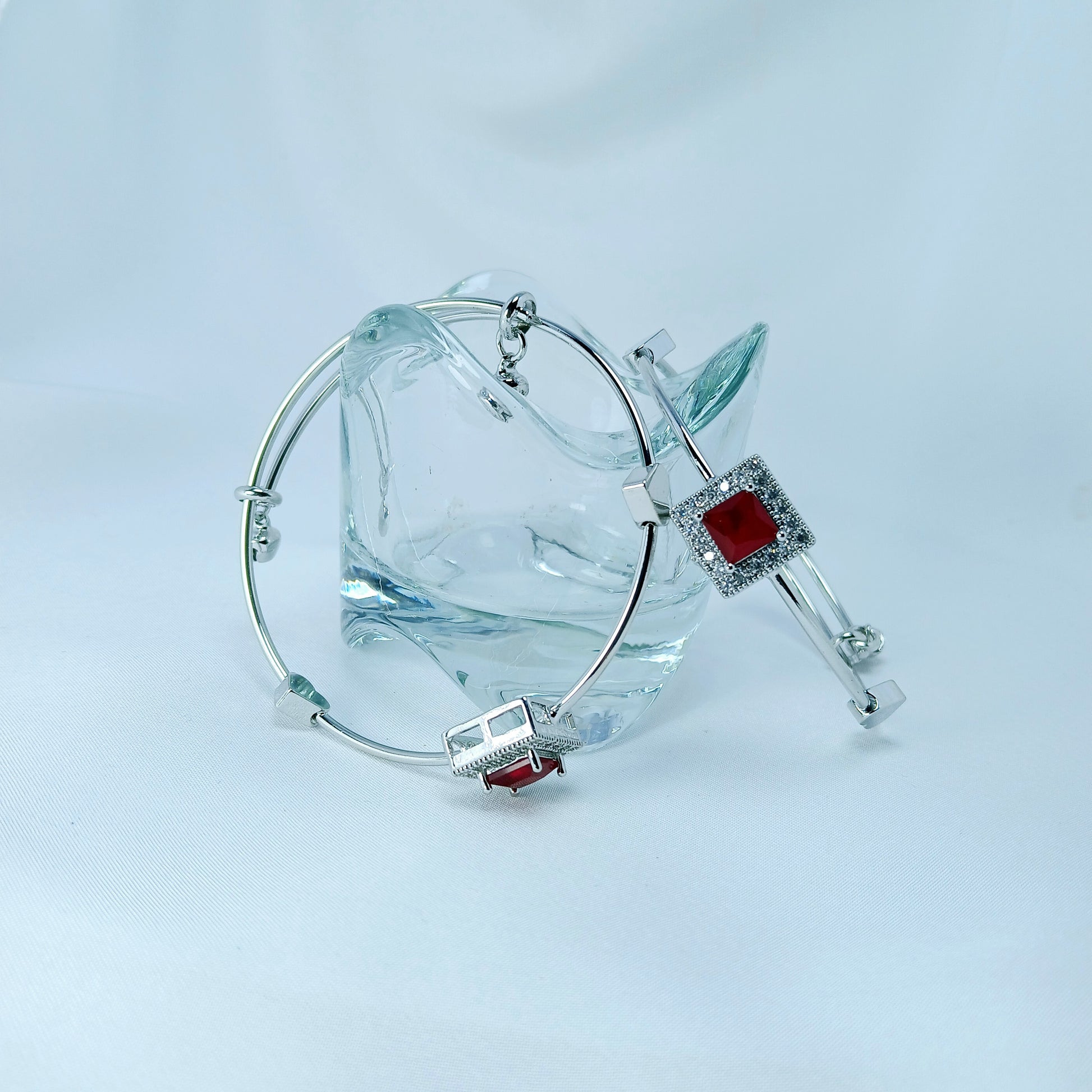 Stylish Silver Kangan Pair with Red Stone - Essentique