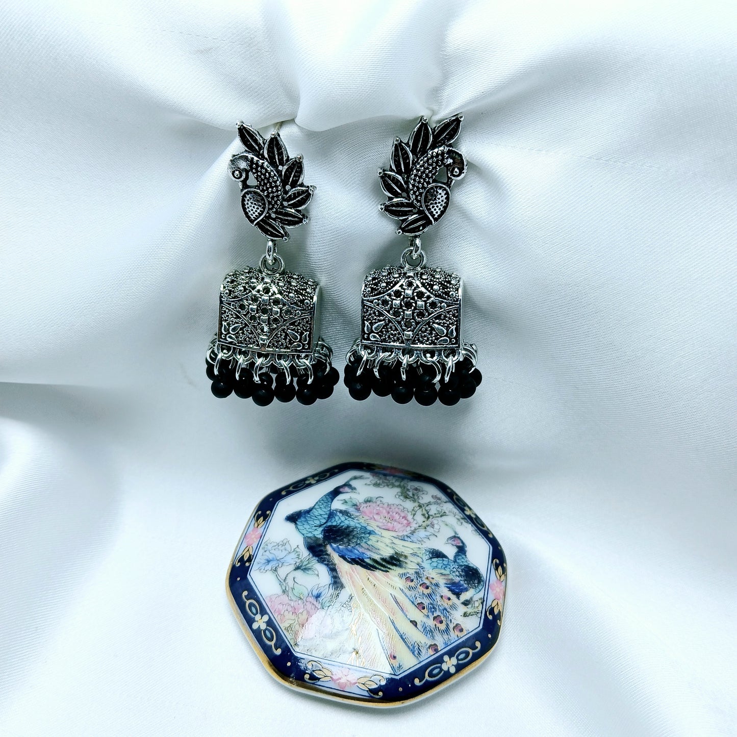 Antique Silver Peacock Jhumkaas - Essentique