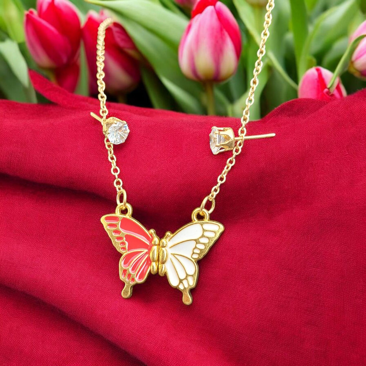 Golden White & Red Butterfly Pendant Set