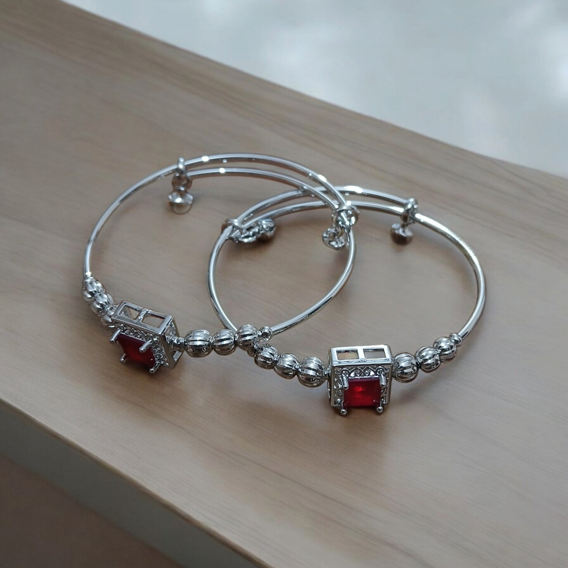 Elegant Silver Kangan Pair with Colored Stones Available in 4 Colors - Essentique