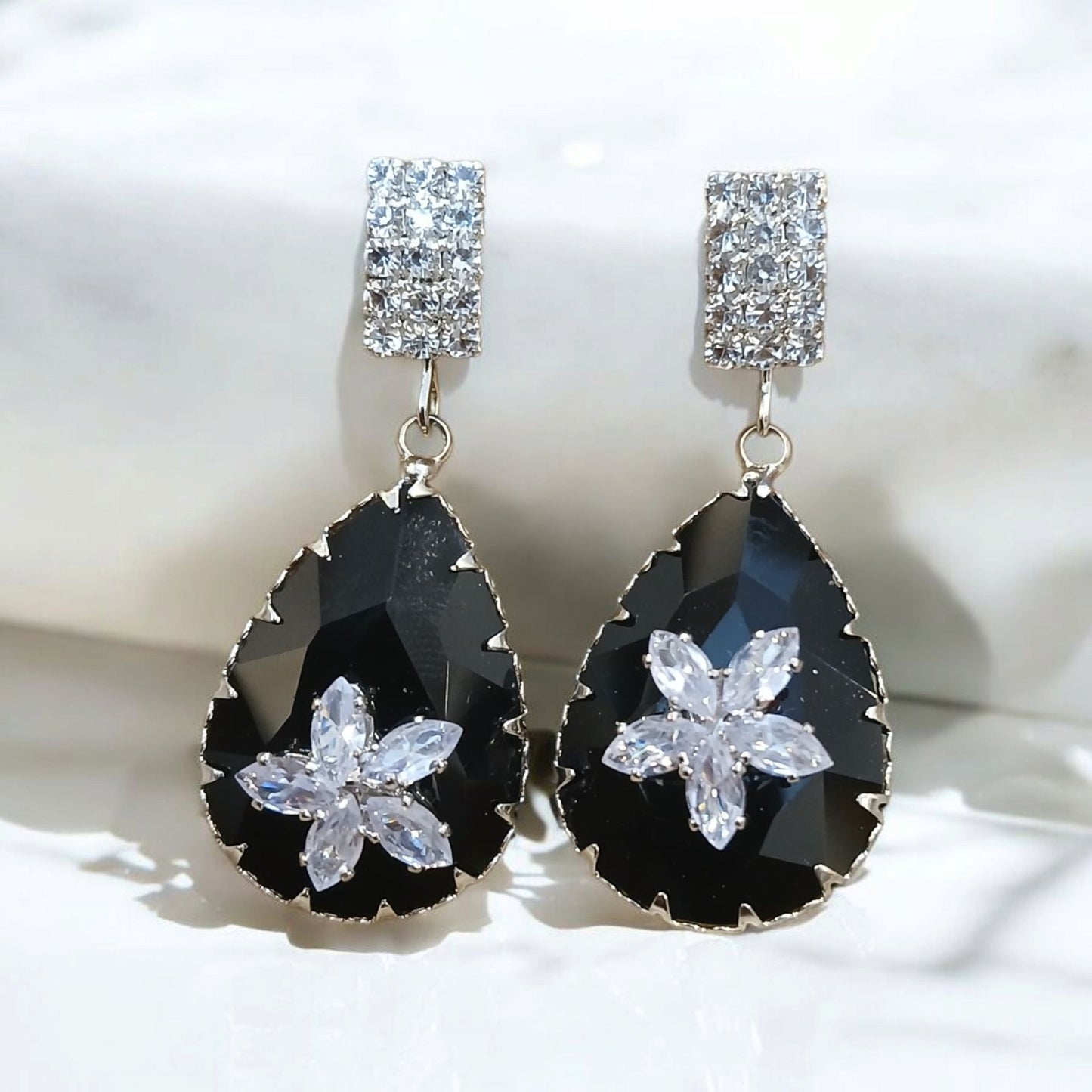 Black & Silver Earrings Adorned with Star Pattern Stones - Essentique