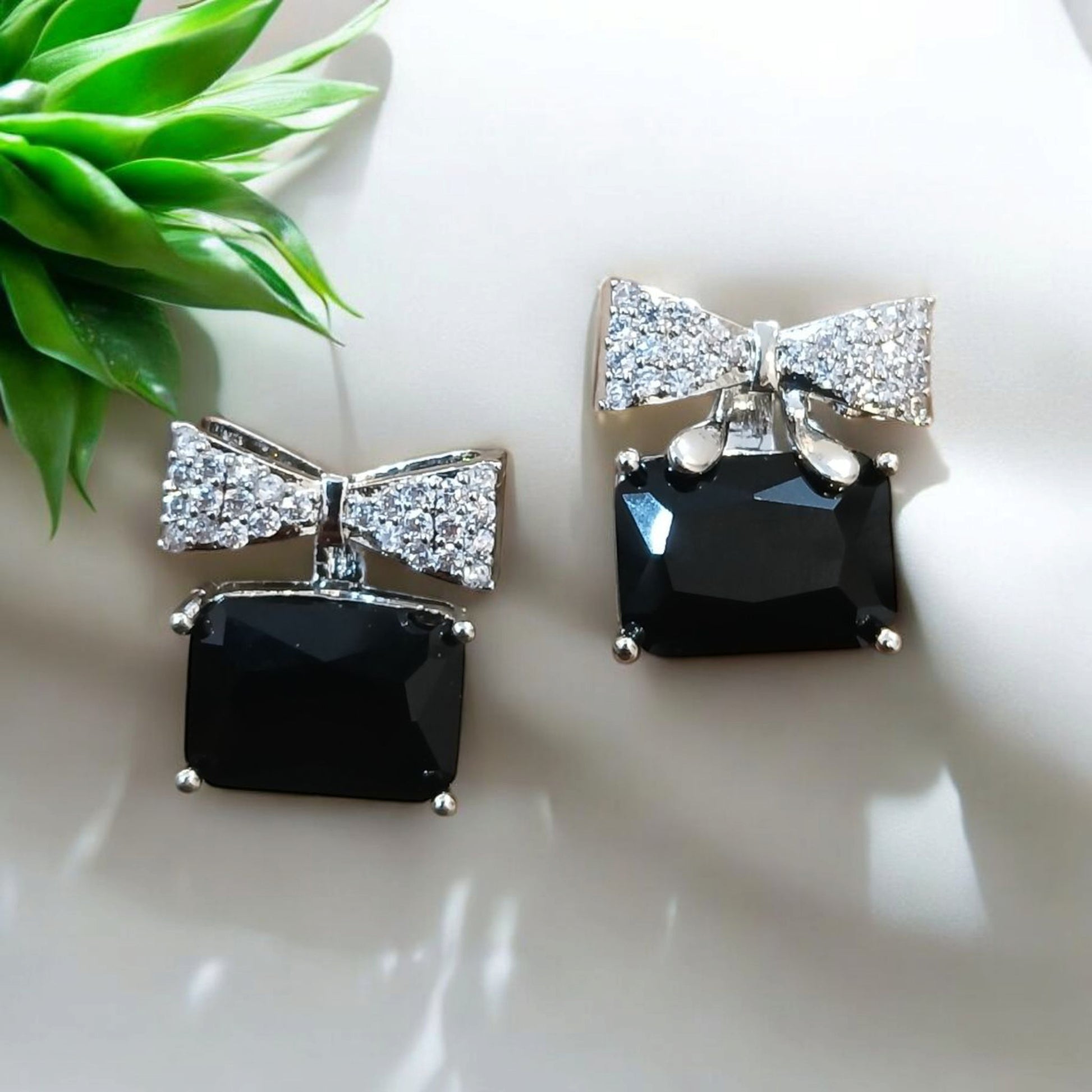 Silver Bow Earrings with Rectangular Stones - Essentique