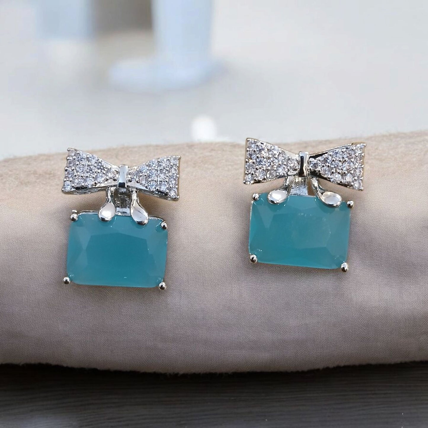 Silver Bow Earrings with Rectangular Stones - Essentique