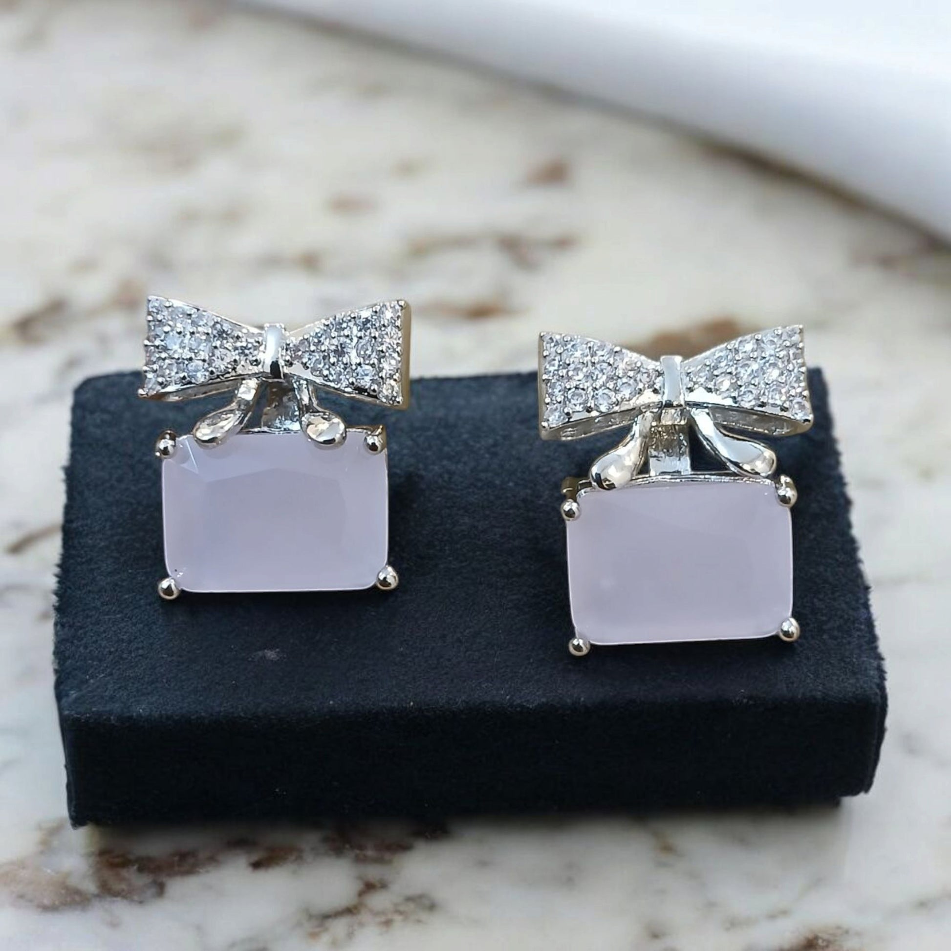 Silver Bow Earrings with Rectangular Stones - Essentique