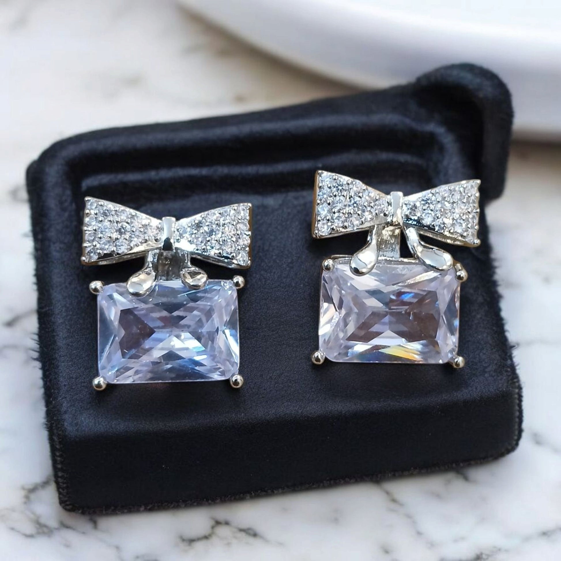 Silver Bow Earrings with Rectangular Stones - Essentique