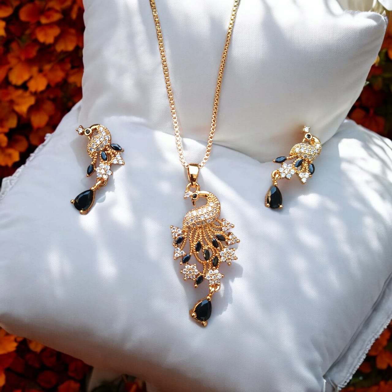 Golden Black Peacock Pendant Set