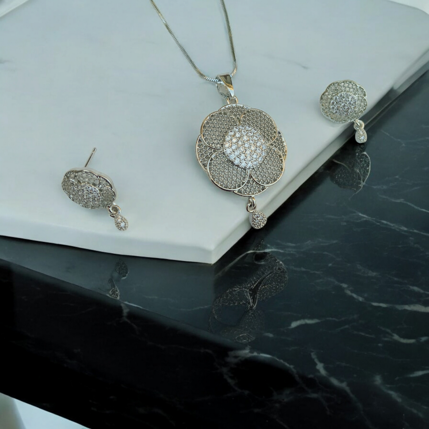 Silver Pendant Sets with Tiny Stones in 3 Designs - Essentique