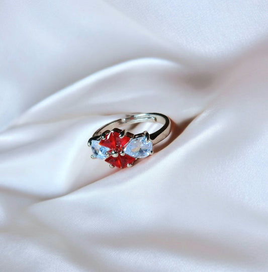 Silver Ring With Red & White Stones - Essentique