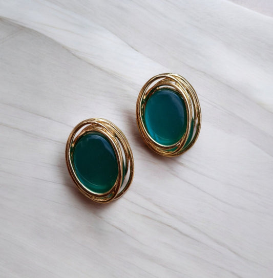 Golden Earrings with Big Oval Stones - Essentique