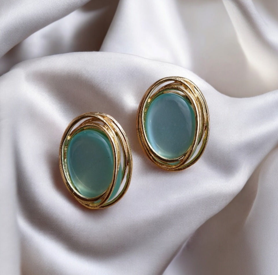 Golden Earrings with Big Oval Stones - Essentique