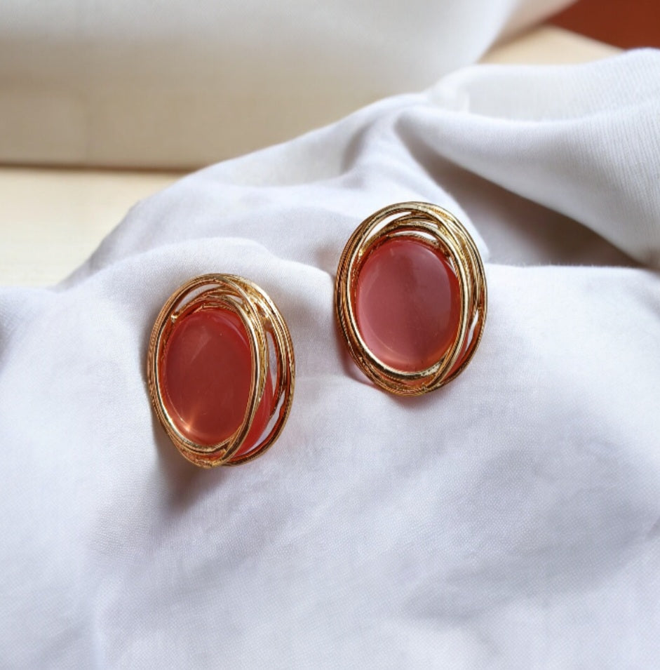 Golden Earrings with Big Oval Stones - Essentique