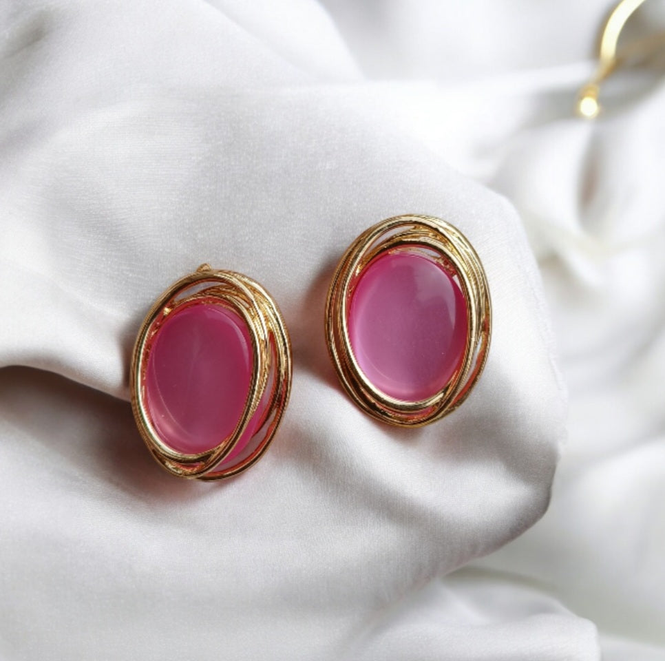 Golden Earrings with Big Oval Stones - Essentique