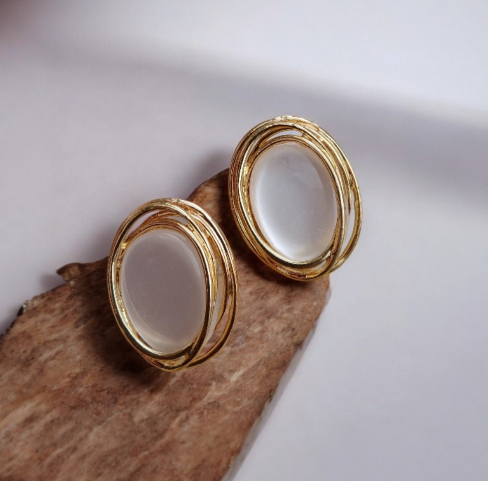 Golden Earrings with Big Oval Stones - Essentique