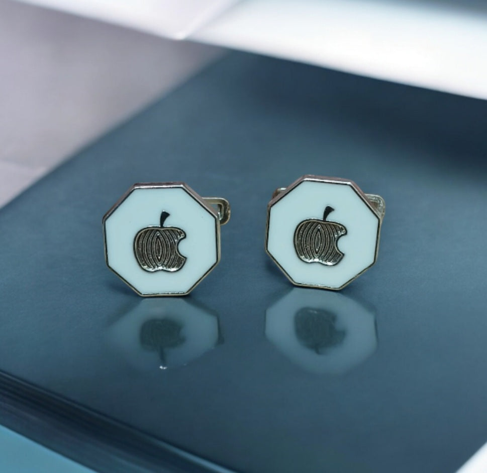 White Cufflink with Silver Apple Logo - Essentique