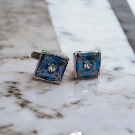 Blue and Silver Cufflinks with Design Pattern - Essentique