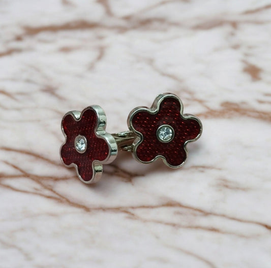 Red Based Flower Shaped Silver Cufflinks - Essentique