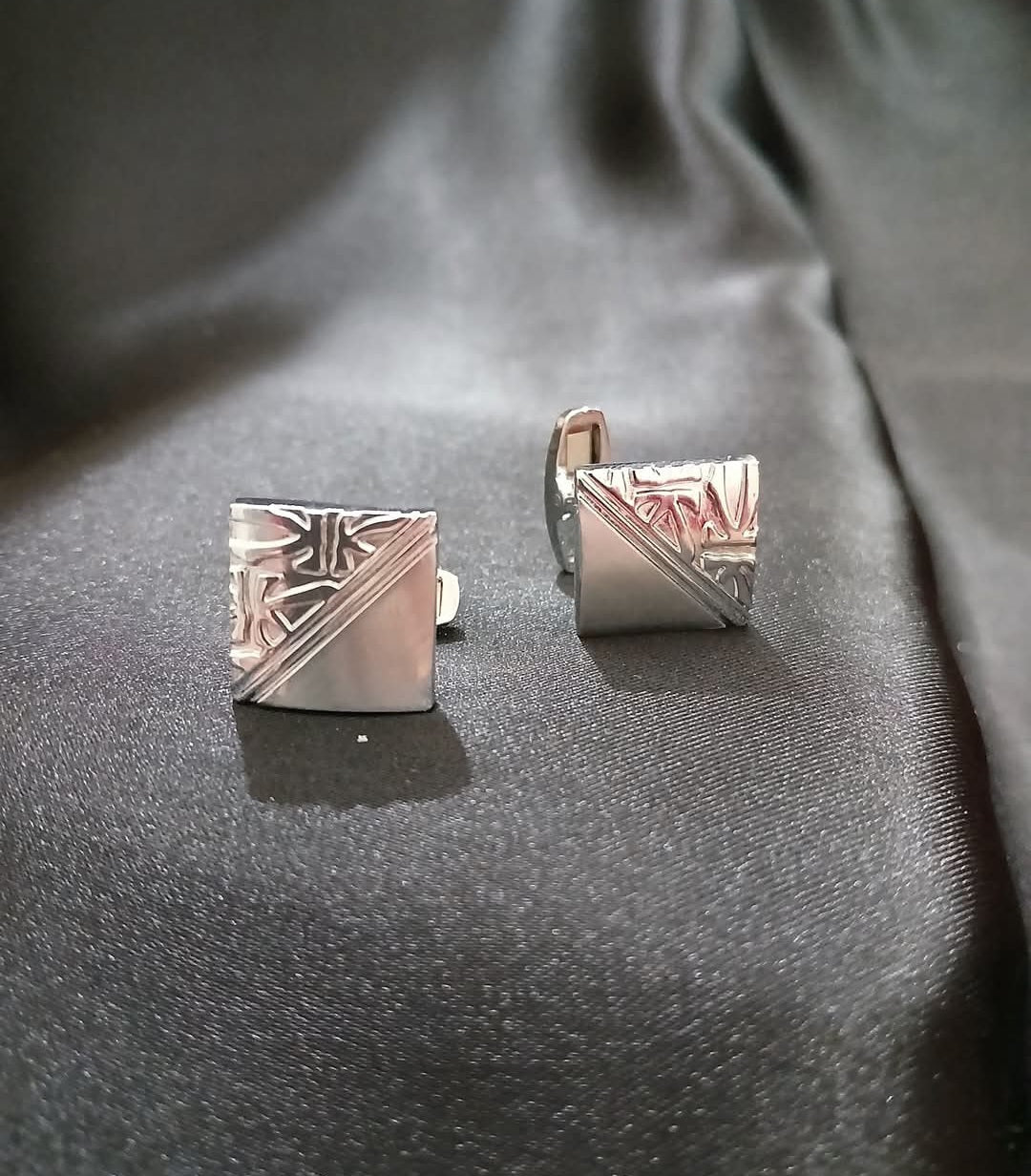 Square Shaped Silver Cufflinks with Designed Surface - Essentique