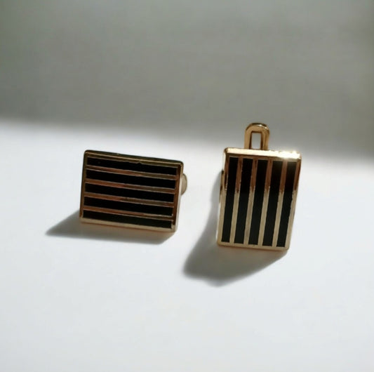 Rectangular Shaped Golden and Black Striped Cufflinks - Essentique