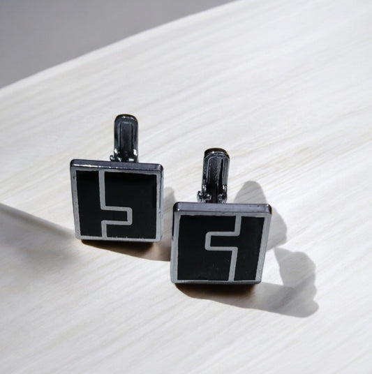 Square Shaped Silver Cufflinks with Black Base - Essentique